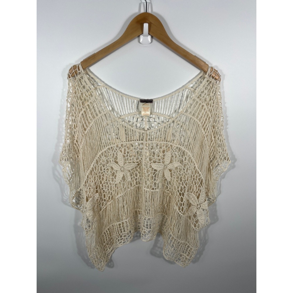 Womens Crochet Top Xl Beige Oversized Fringe Boho Chic Coastal Beach Resort
